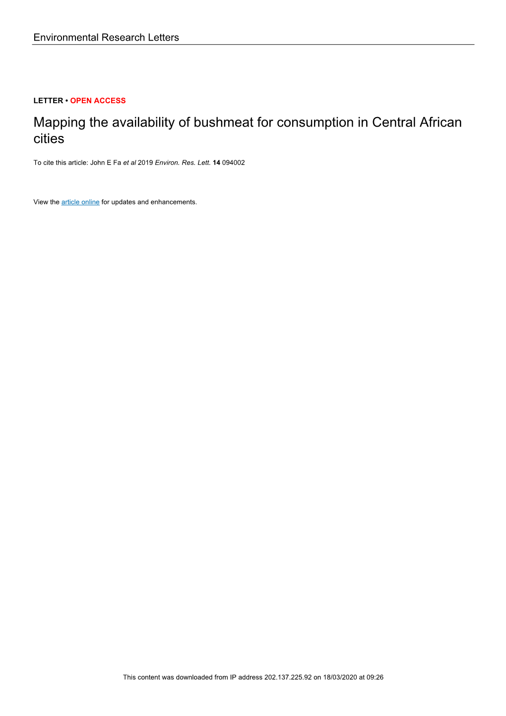 Mapping the Availability of Bushmeat for Consumption in Central African Cities