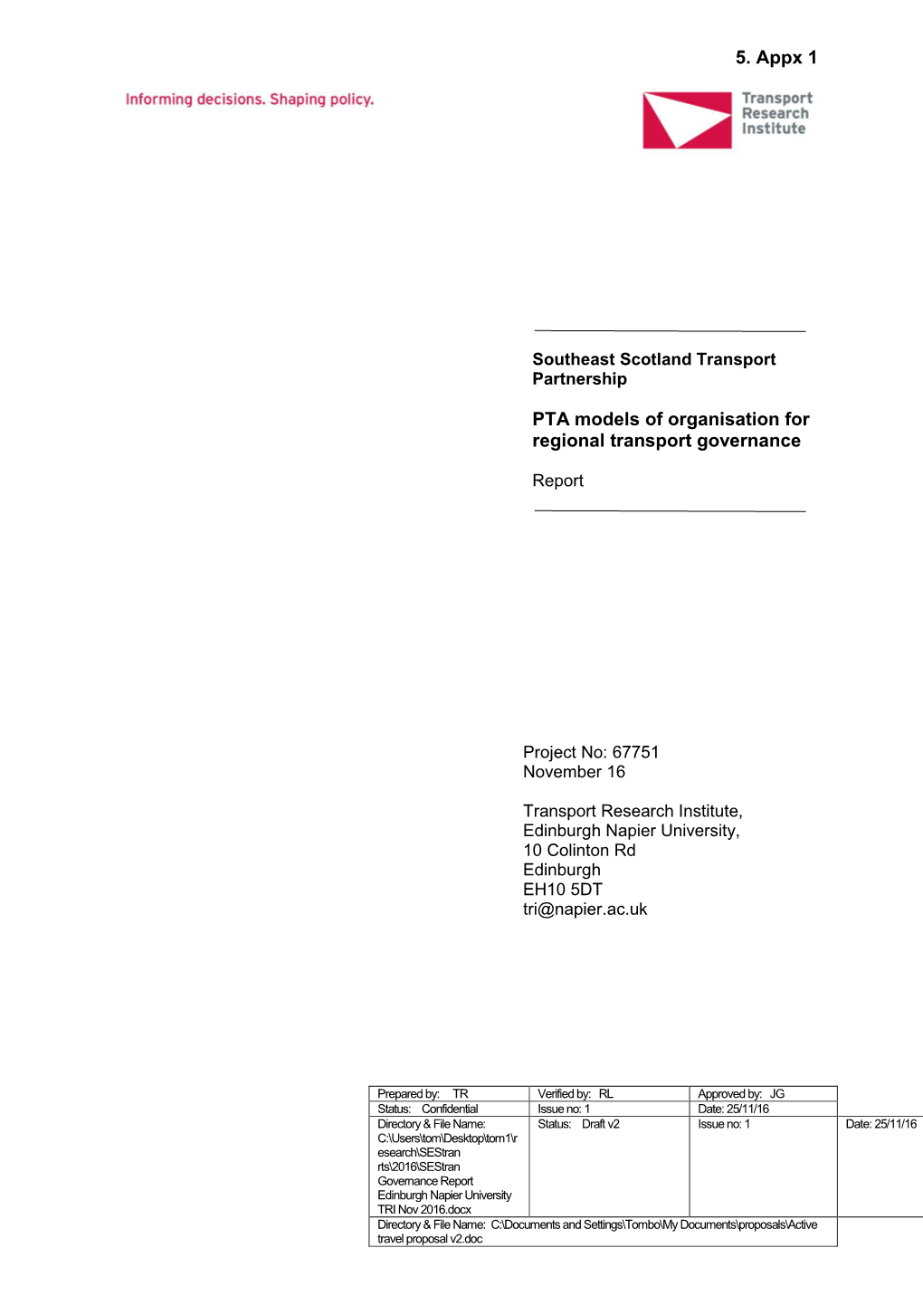 PTA Models of Organisation for Regional Transport Governance