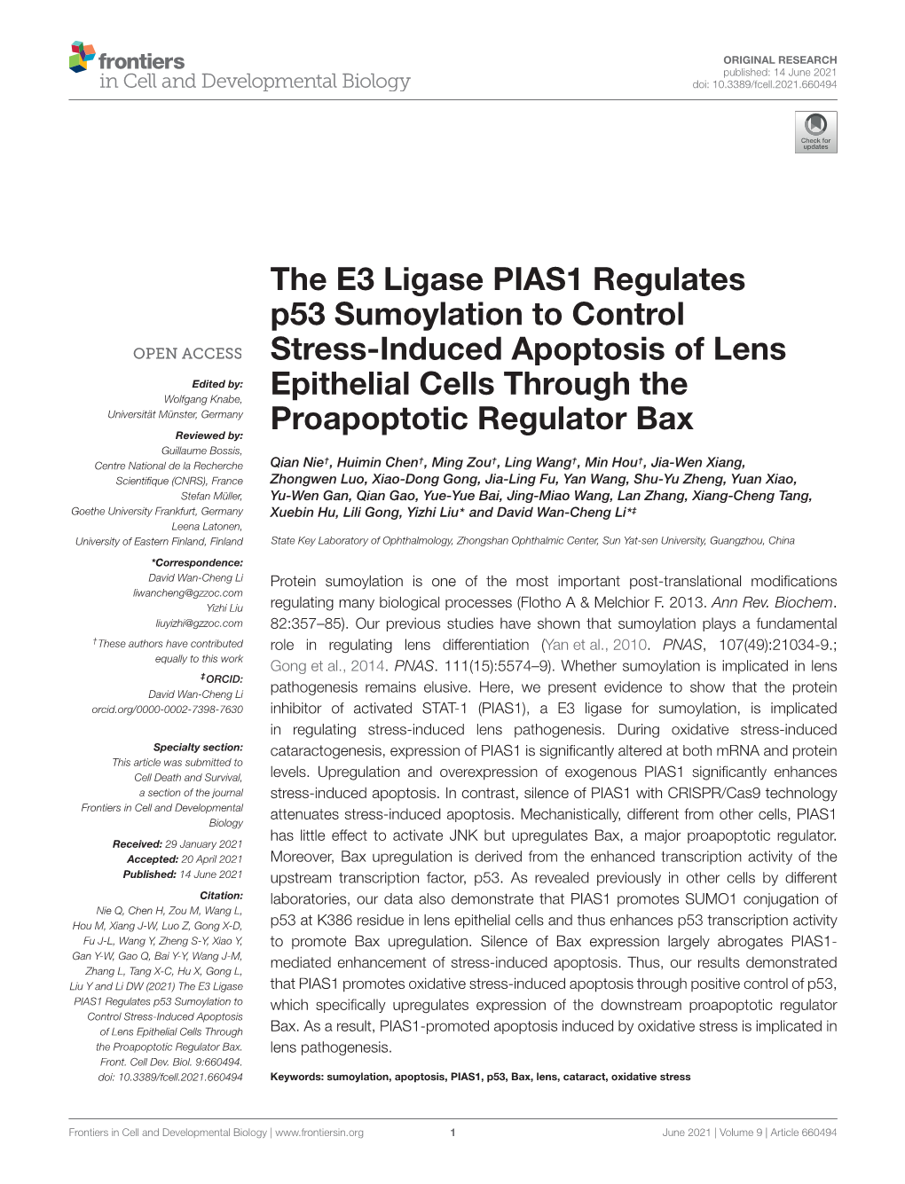 The E3 Ligase PIAS1 Regulates P53 Sumoylation to Control Stress-Induced Apoptosis of Lens