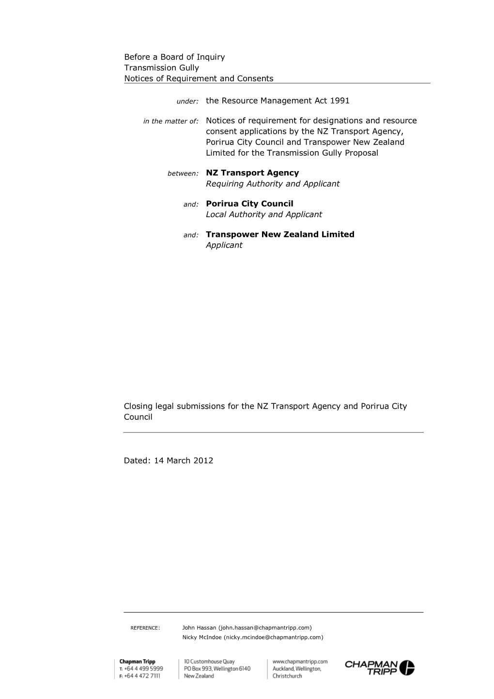 Closing Legal Submissions for the NZ Transport Agency and Porirua City Council