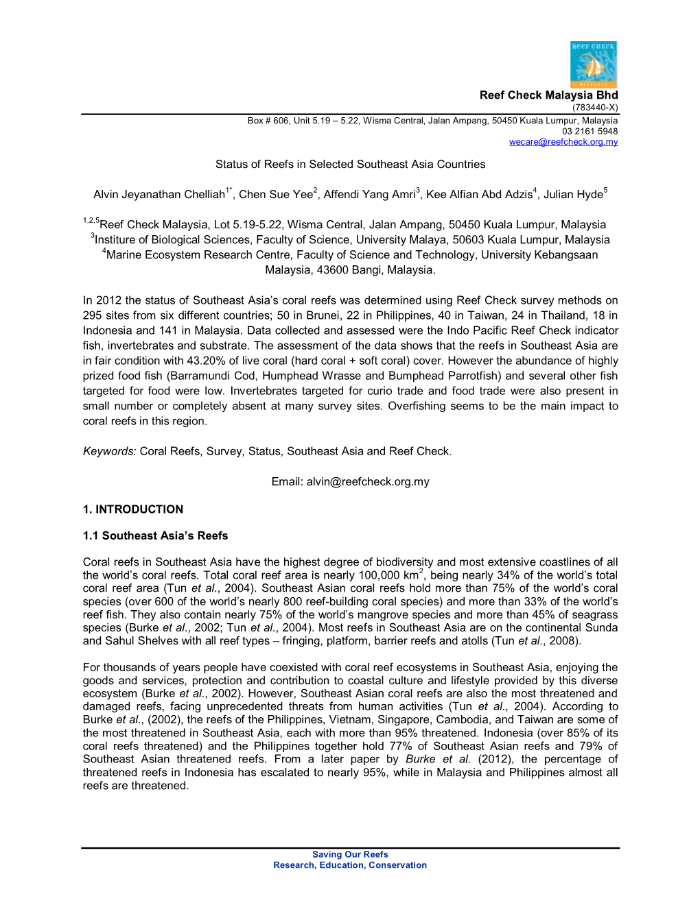 Status of Reefs in Selected Southeast Asia Countries