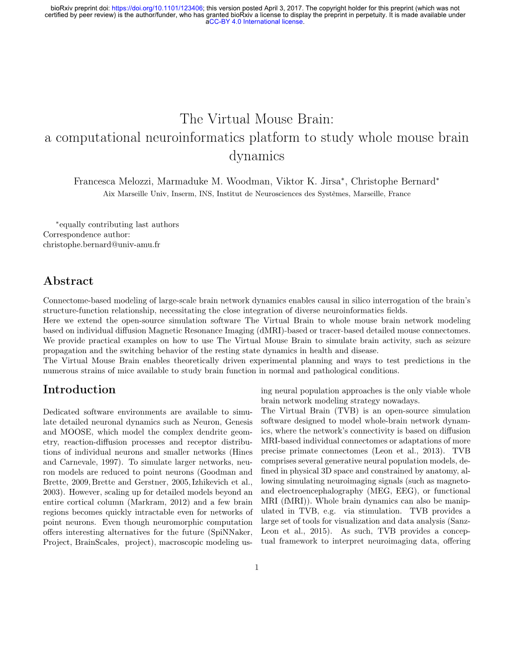 The Virtual Mouse Brain: a Computational Neuroinformatics Platform to Study Whole Mouse Brain Dynamics