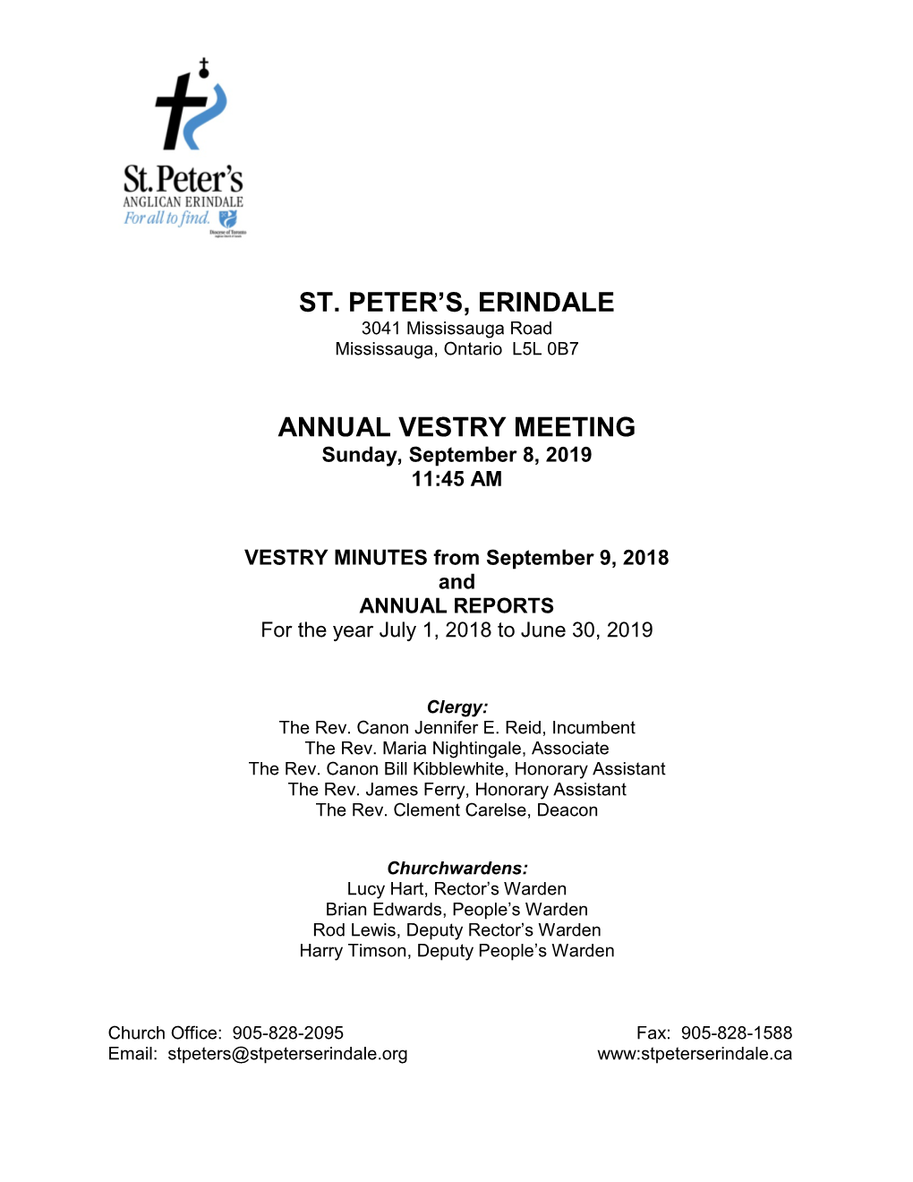 ANNUAL VESTRY MEETING Sunday, September 8, 2019 11:45 AM