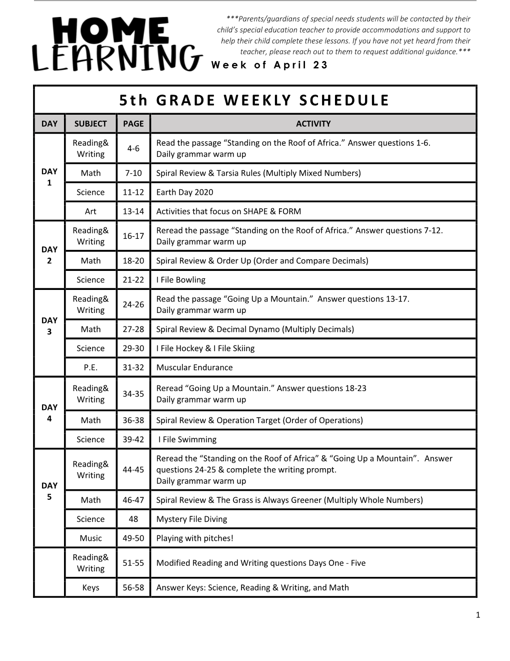 5Th GRADE WEEKLY SCHEDULE