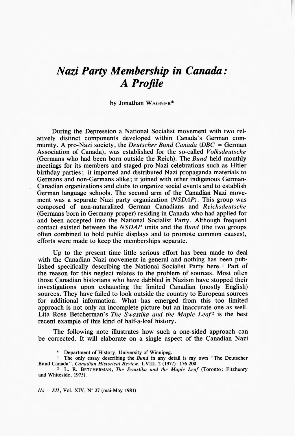 Nazi Party Membership in Canada: a Profile