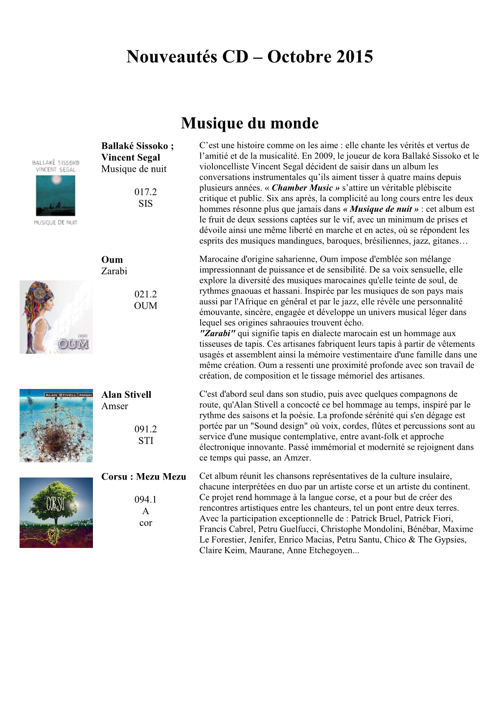 CD – Octobre 2015