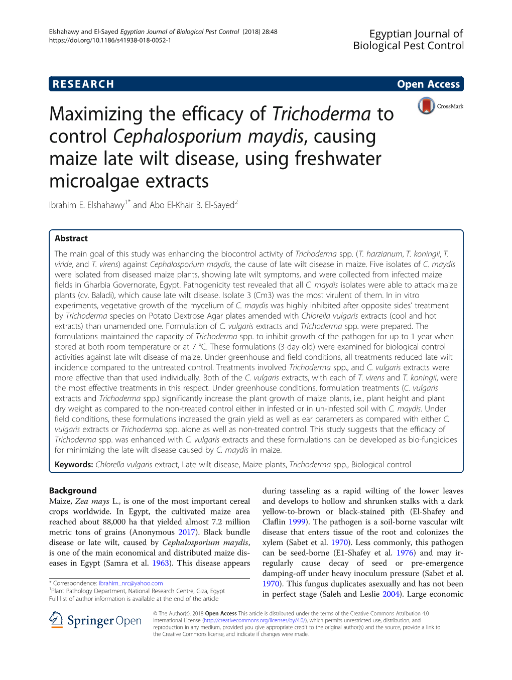 Maximizing the Efficacy of Trichoderma to Control Cephalosporium Maydis, Causing Maize Late Wilt Disease, Using Freshwater Microalgae Extracts Ibrahim E