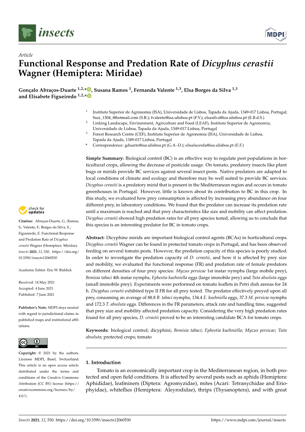 Functional Response and Predation Rate of Dicyphus Cerastii Wagner (Hemiptera: Miridae)