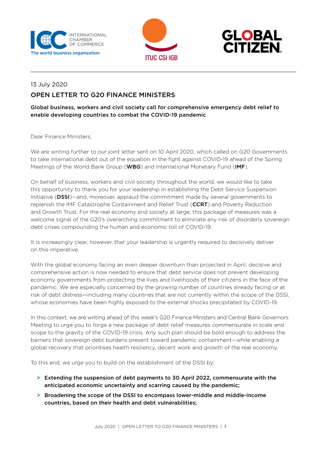 Open Letter to G20 Finance Ministers