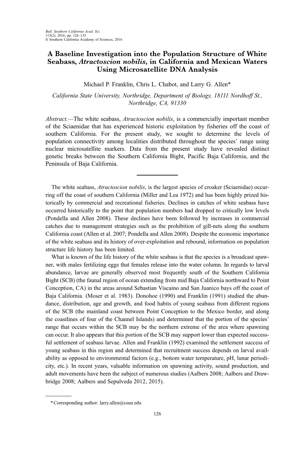 A Baseline Investigation Into the Population Structure of White Seabass, Atractoscion Nobilis, in California and Mexican Waters Using Microsatellite DNA Analysis