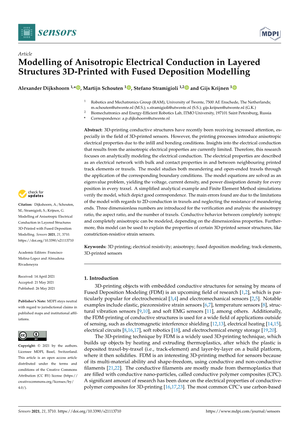 Modelling of Anisotropic Electrical Conduction in Layered Structures 3D-Printed with Fused Deposition Modelling