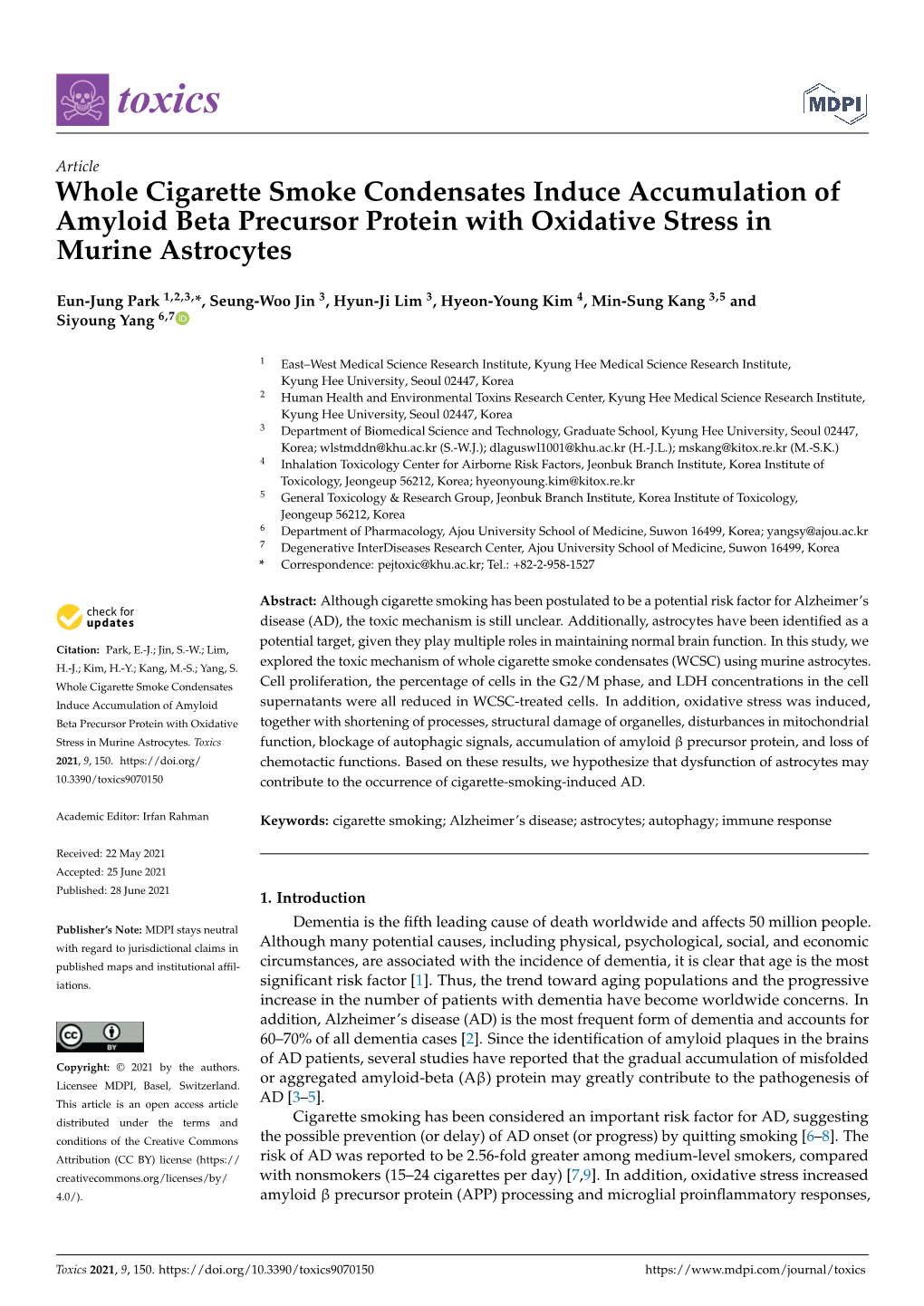 Whole Cigarette Smoke Condensates Induce Accumulation of Amyloid Beta Precursor Protein with Oxidative Stress in Murine Astrocytes