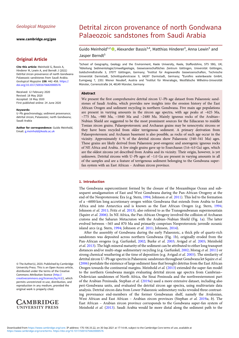 Detrital Zircon Provenance of North Gondwana Palaeozoic Sandstones from Saudi Arabia