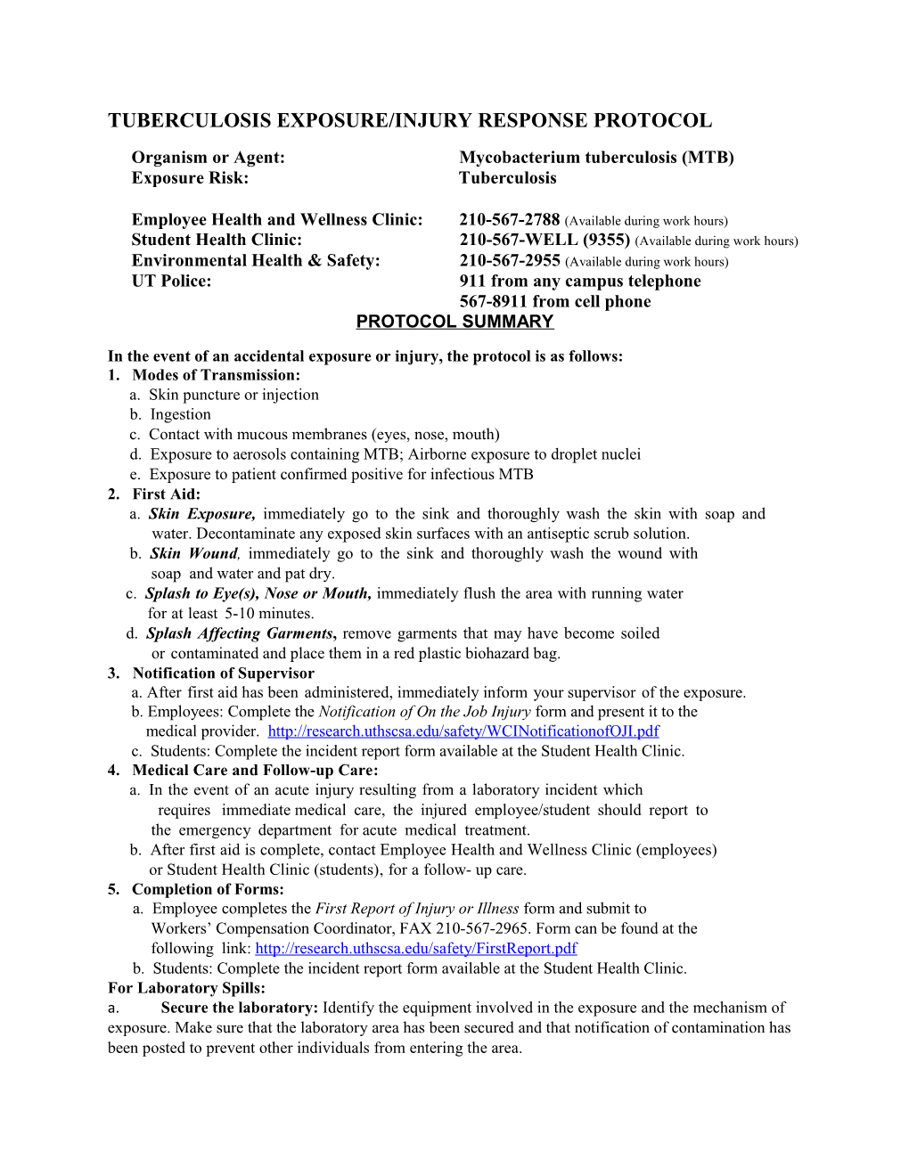 Tuberculosis Exposure/Injury Response Protocol