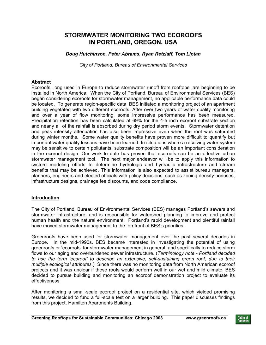 Ecoroof Stormwater Monitoring