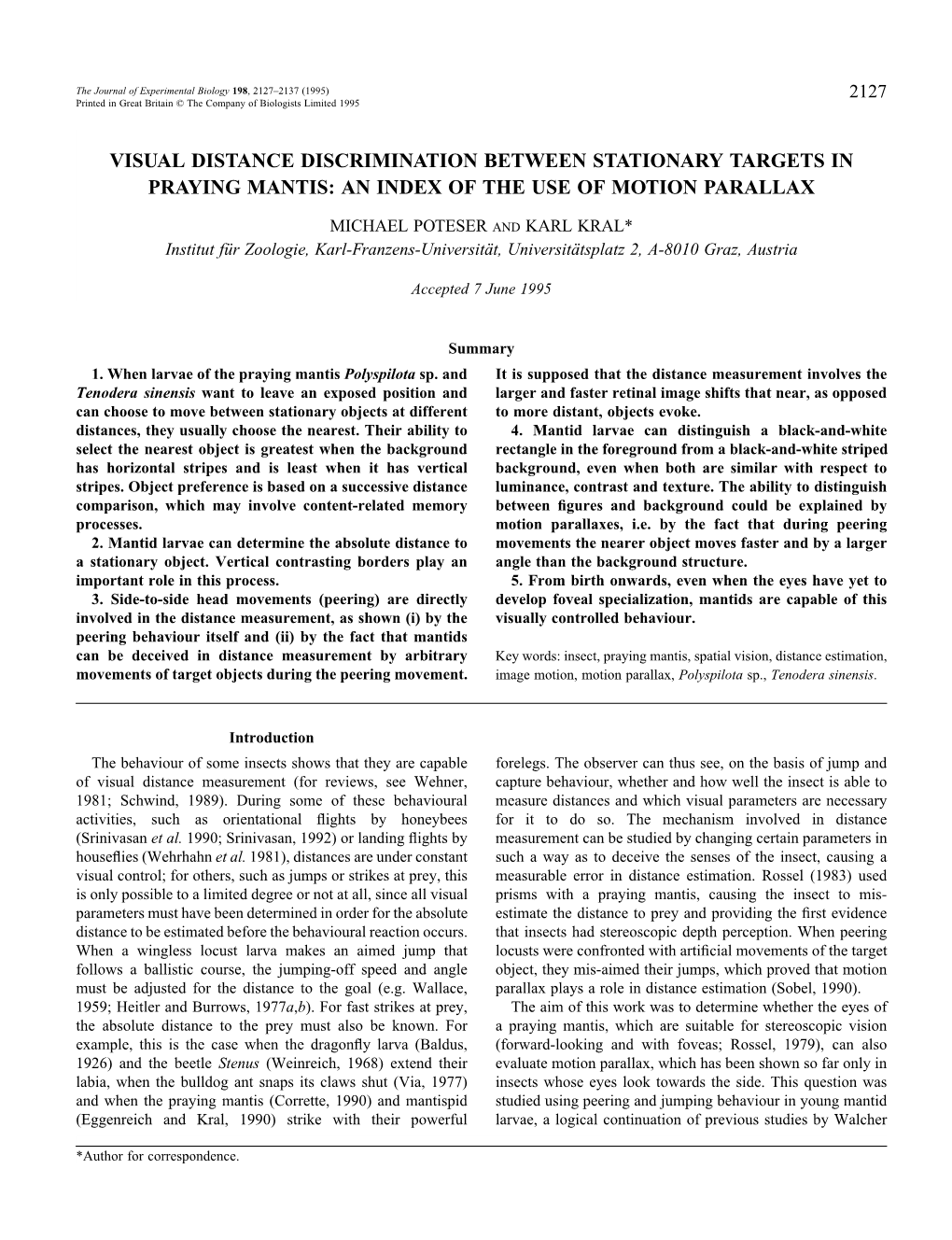 Visual Distance Discrimination Between Stationary Targets in Praying Mantis: an Index of the Use of Motion Parallax