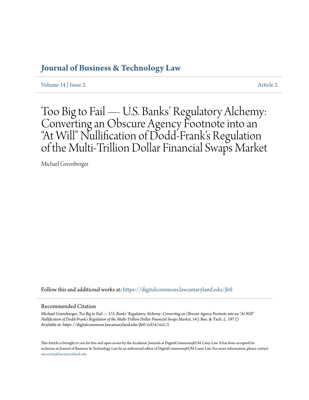 Too Big to Fail — U.S. Banks' Regulatory Alchemy