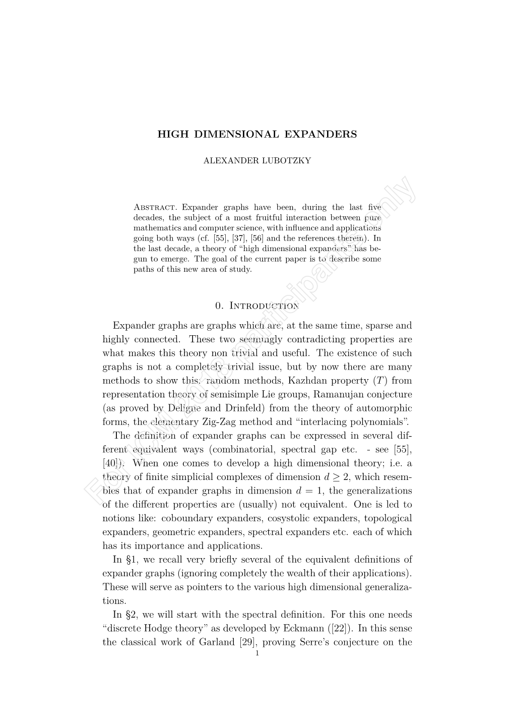 HIGH DIMENSIONAL EXPANDERS 0. Introduction Expander Graphs Are