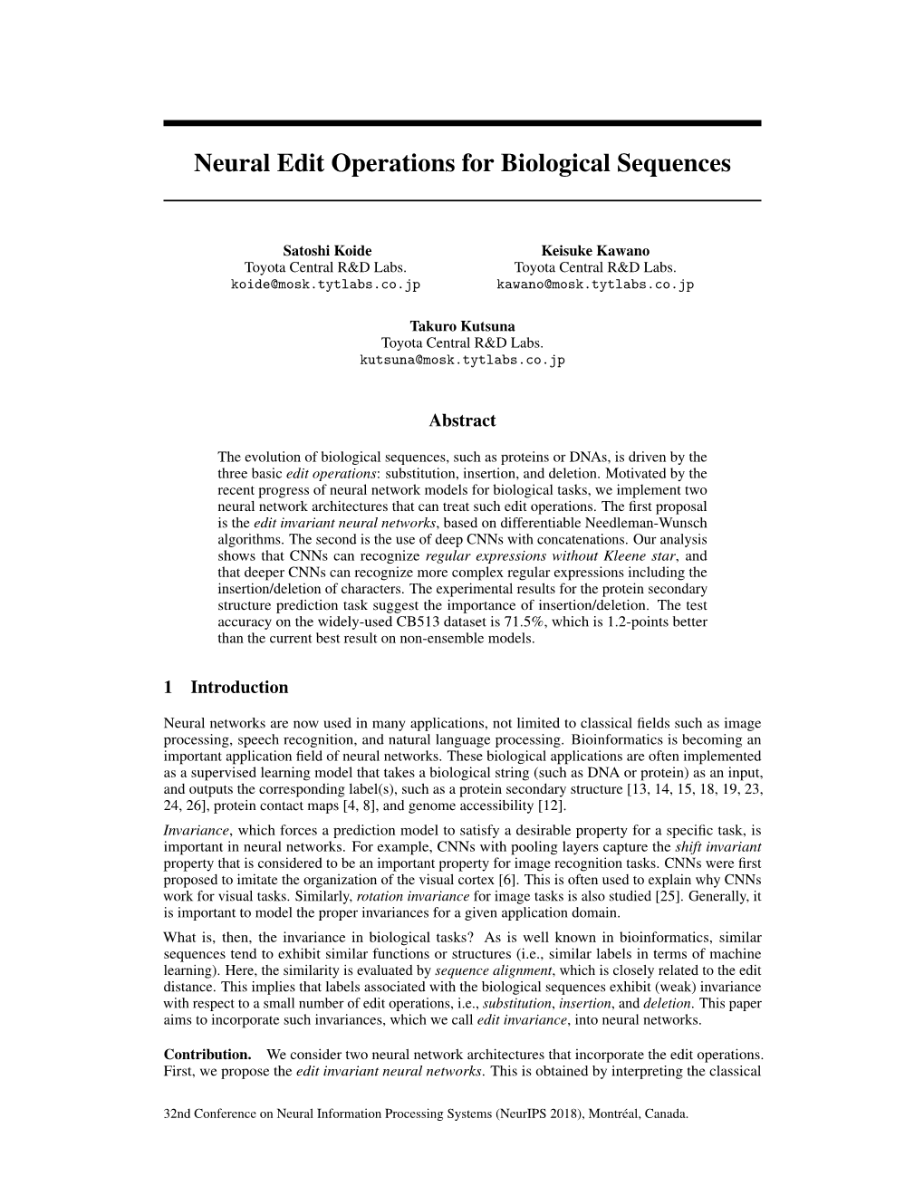 Neural Edit Operations for Biological Sequences