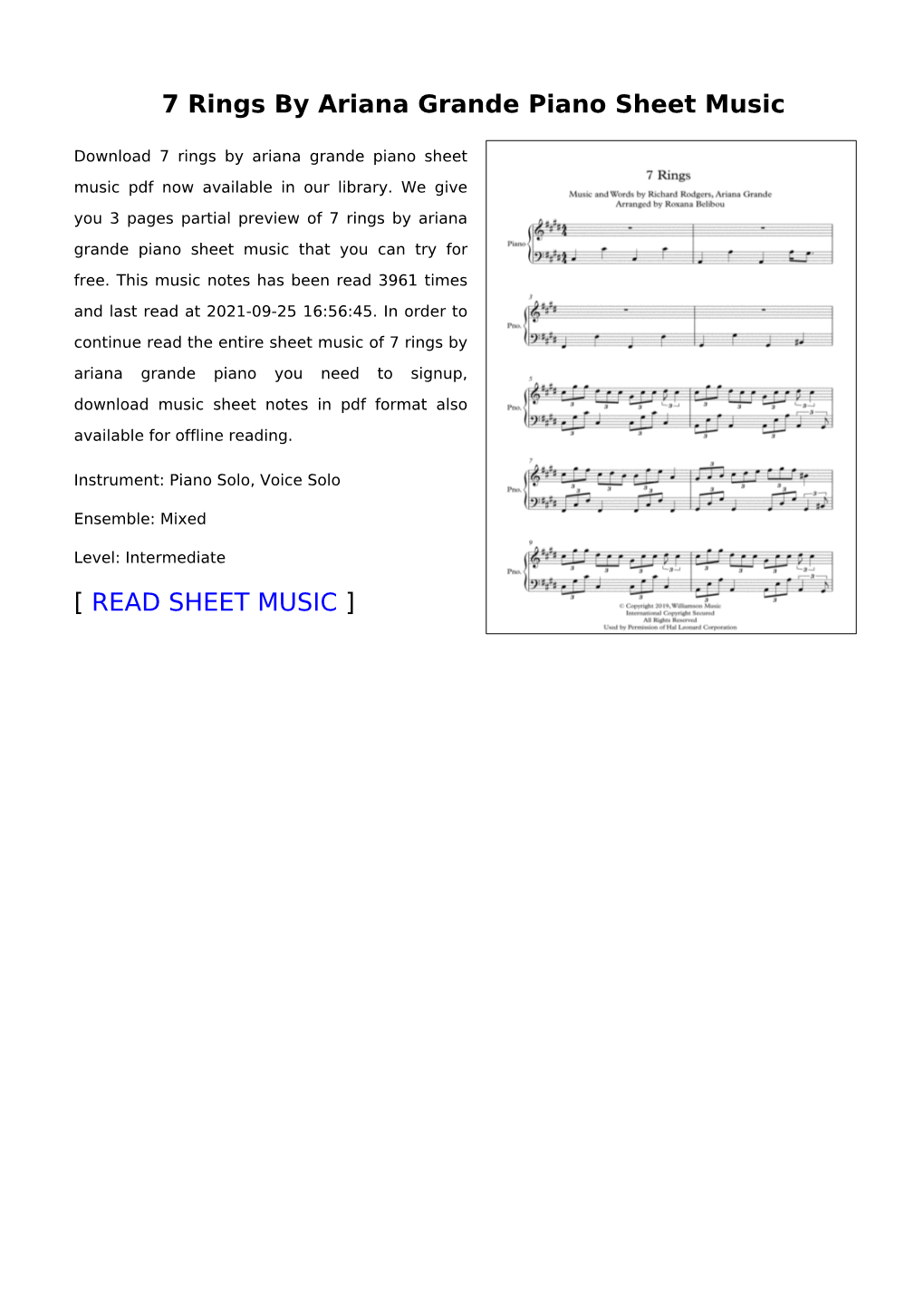 7 Rings by Ariana Grande Piano Sheet Music