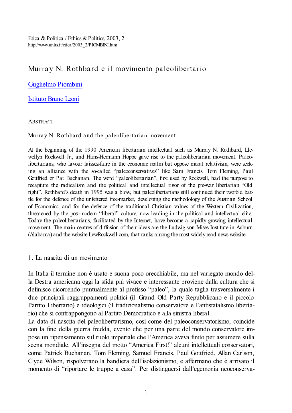Murray N. Rothbard E Il Movimento Paleolibertario