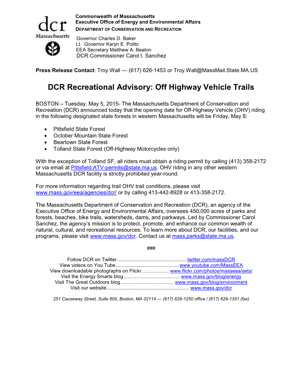 DCR Recreational Advisory: Off Highway Vehicle Trails