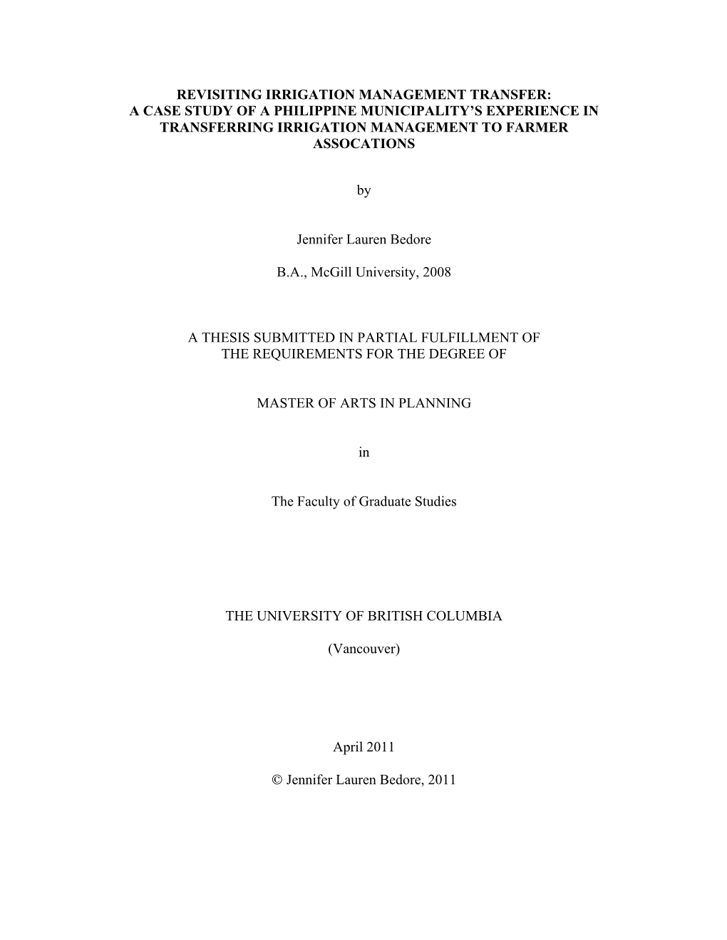 Revisiting Irrigation Management Transfer: a Case Study of a Philippine Municipality’S Experience in Transferring Irrigation Management to Farmer Assocations