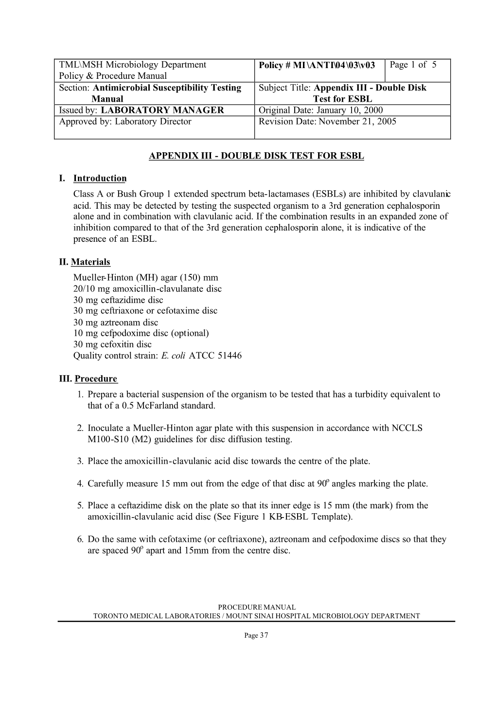 TML\MSH Microbiology Department Policy & Procedure Manual Policy