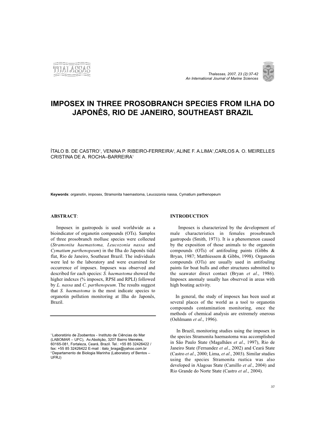 Imposex in Three Prosobranch Species from Ilha Do Japonês, Rio De Janeiro, Southeast Brazil