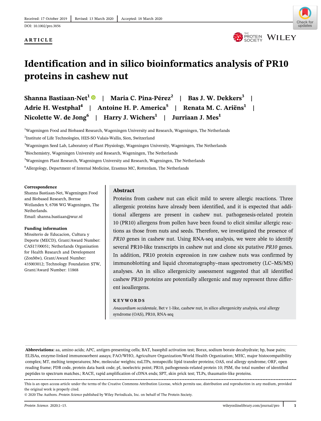 Identification and in Silico Bioinformatics Analysis of PR10 Proteins in Cashew Nut