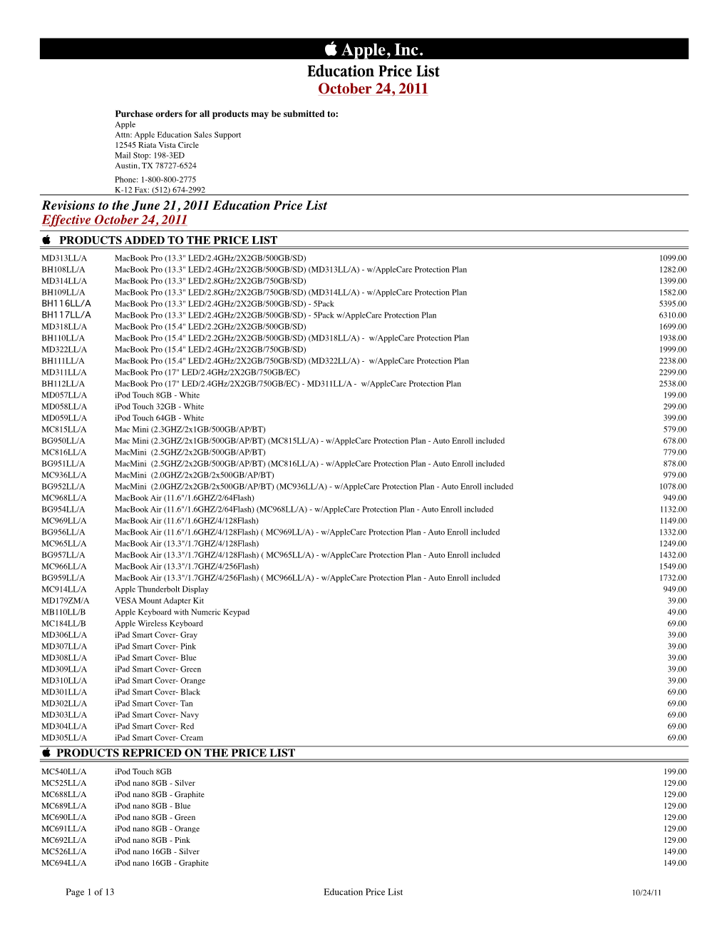 Apple, Inc. Education Price List October 24, 2011