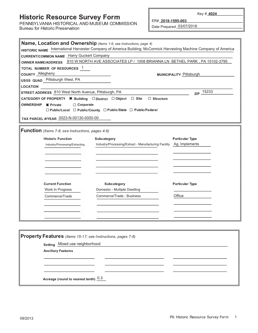 Historic Resource Survey Form ER# 2018-1595-003 PENNSYLVANIA HISTORICAL and MUSEUM COMMISSION 03/07/2018 Bureau for Historic Preservation �����������