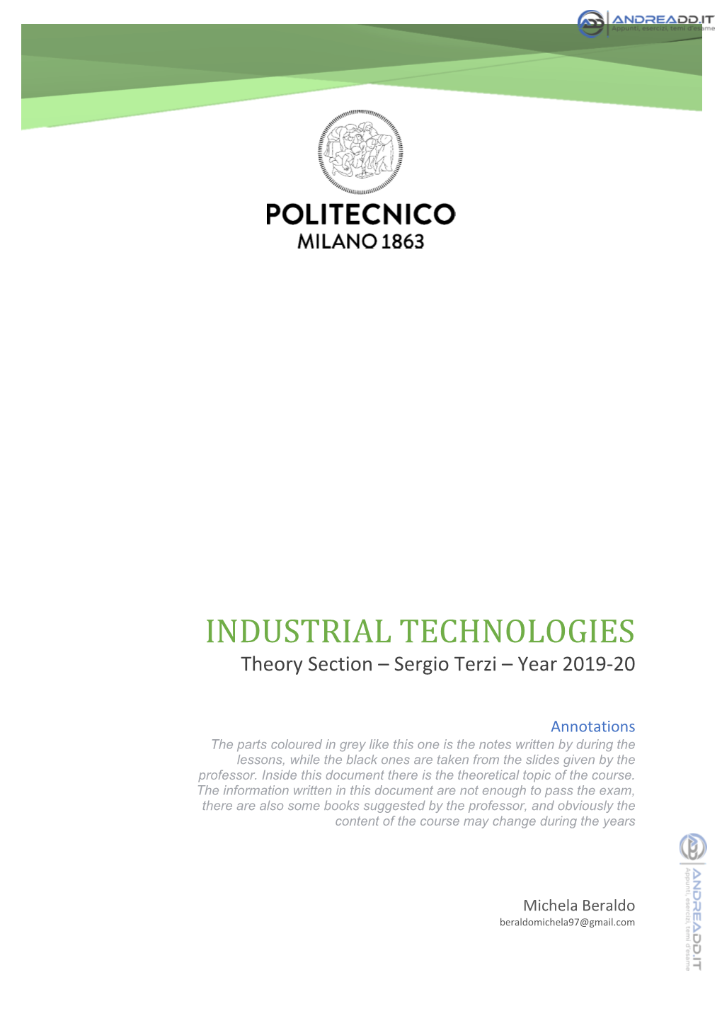 INDUSTRIAL TECHNOLOGIES Theory Section – Sergio Terzi – Year 2019-20