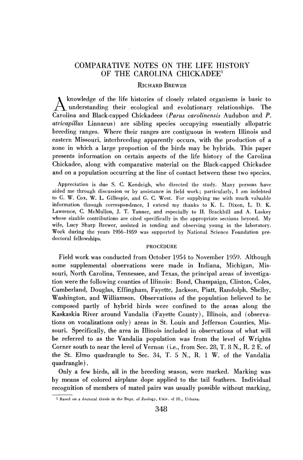 Comparative Notes on the Life History of the Carolina Chickadee1