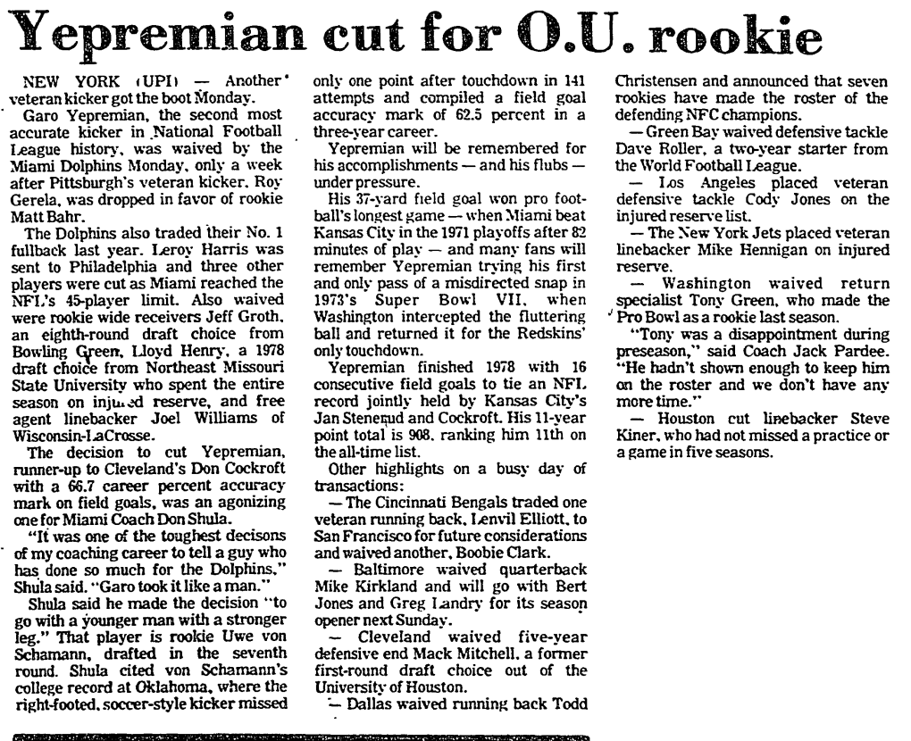 Yepremian Cut for O.U. Rookie NEW YORK UPI) Another' Only One Point After Touchdown in 141 Christensen and Announced That Seven Veteran Kicker Got the Boot Monday