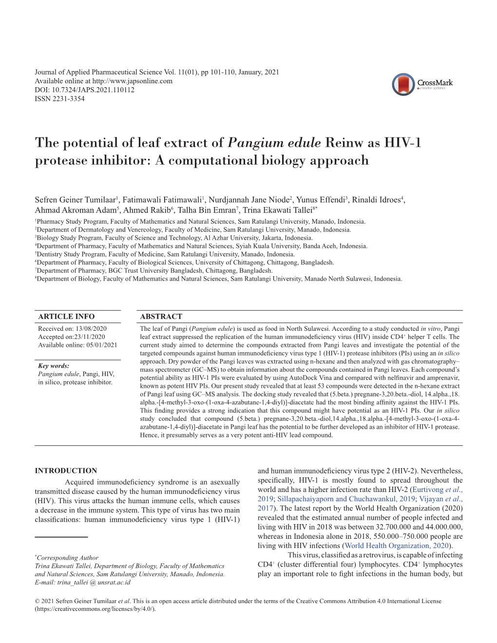 Pangium Edule Reinw As HIV-1 Protease Inhibitor: a Computational Biology Approach