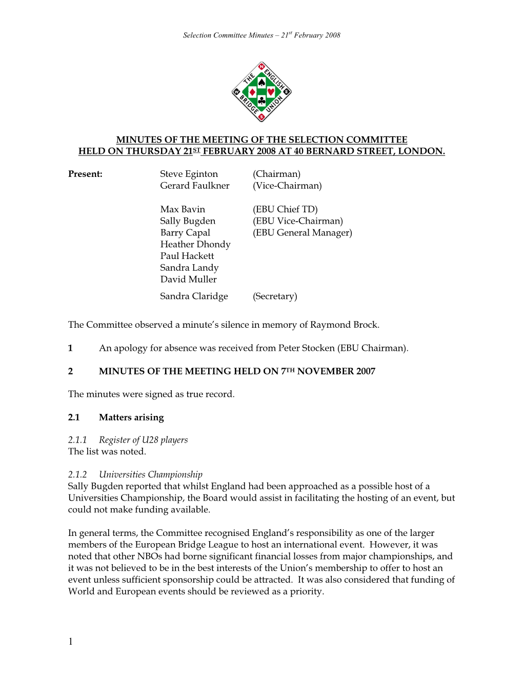 Selection Committee Minutes – 21St February 2008