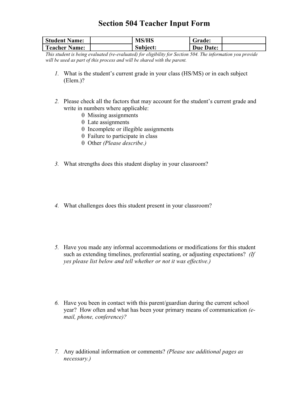 Section 504 Teacher Input Form