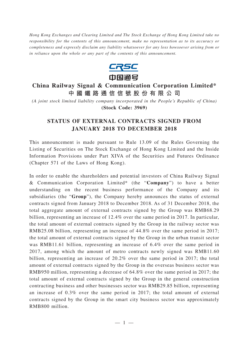 Status of External Contracts Signed from January 2018 to December 2018