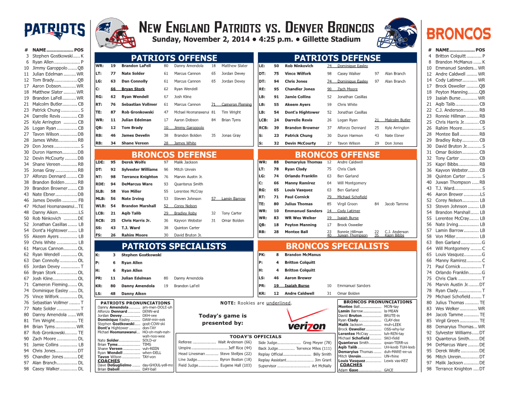 New England Patriots Vs. Denver Broncos Sunday, November 2, 2014 • 4:25 P.M