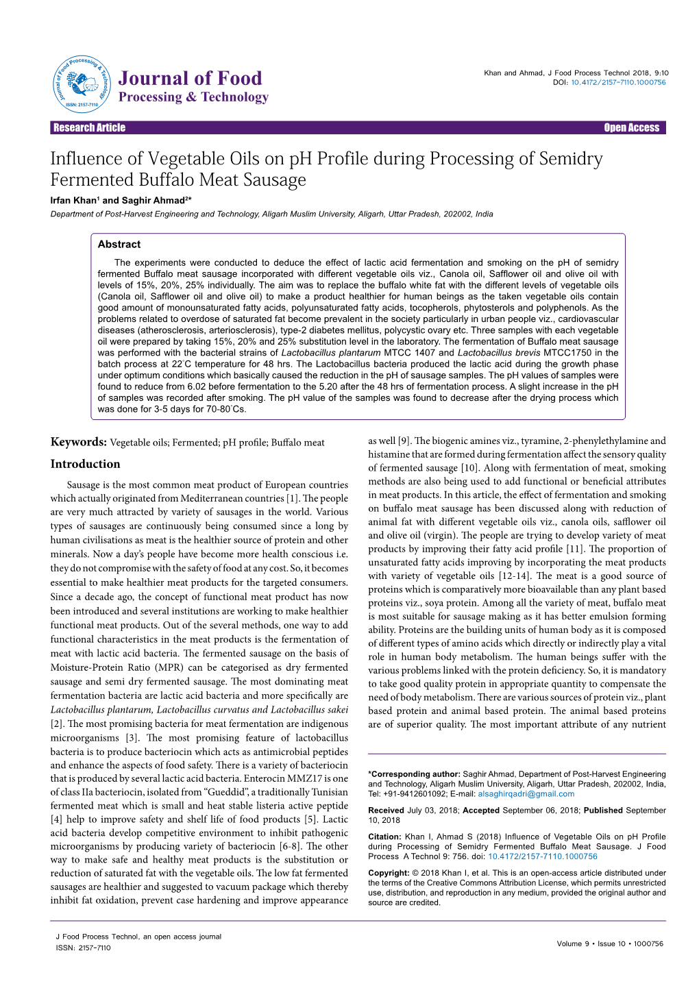 Influence of Vegetable Oils on Ph Profile During Processing Of