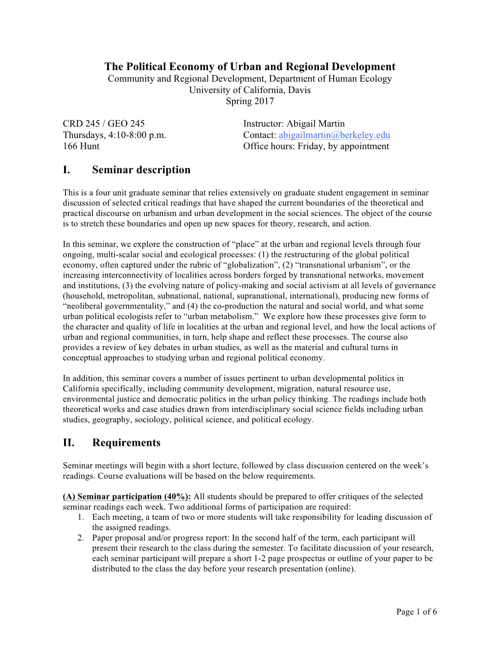 The Political Economy of Urban and Regional Development I. Seminar