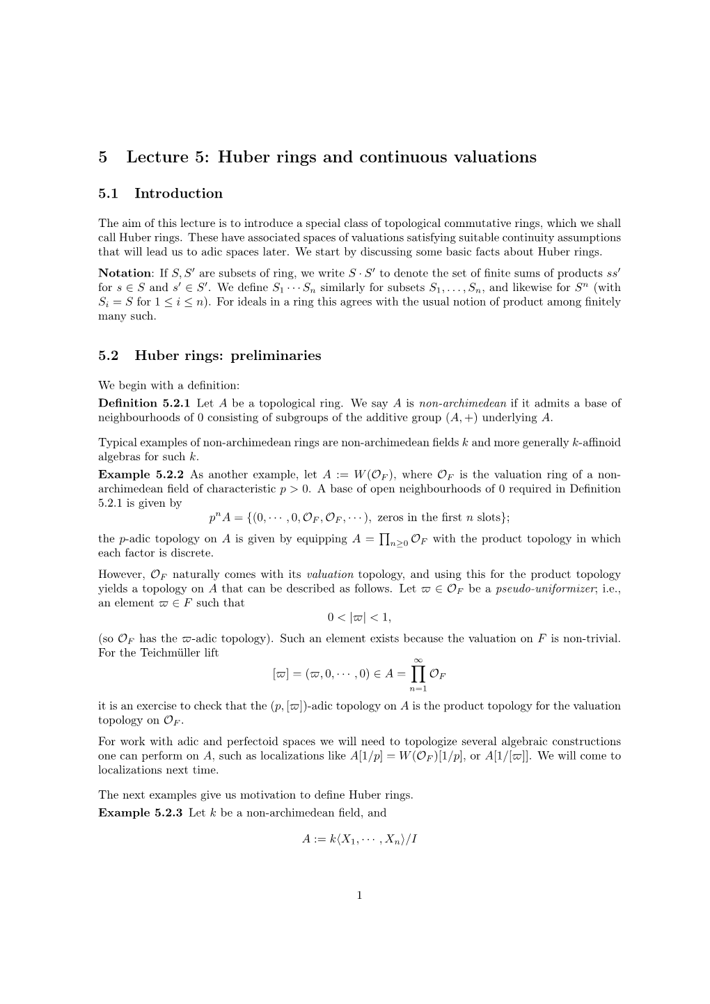 5 Lecture 5: Huber Rings and Continuous Valuations