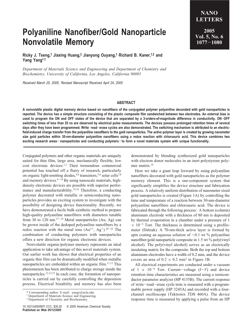 Polyaniline Nanofiber/Gold Nanoparticle Nonvolatile Memory