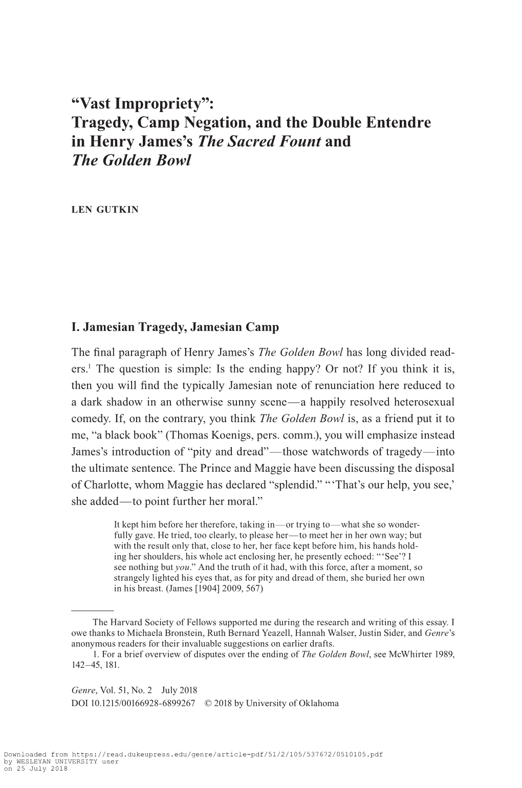 “Vast Impropriety”: Tragedy, Camp Negation, and the Double Entendre in Henry James’S the Sacred Fount and the Golden Bowl