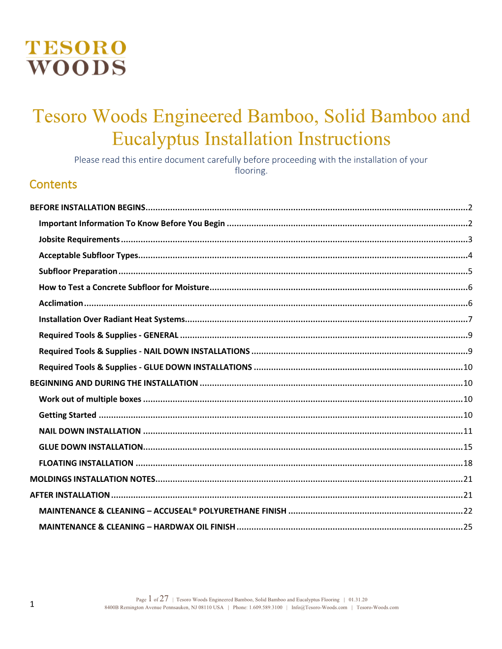 Tesoro Woods Engineered Bamboo, Solid Bamboo and Eucalyptus Installation Instructions