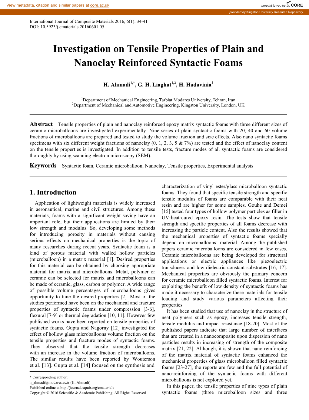 Syntactic Foam, Ceramic Microballoon, Nanoclay, Tensile Properties, Experimental Analysis