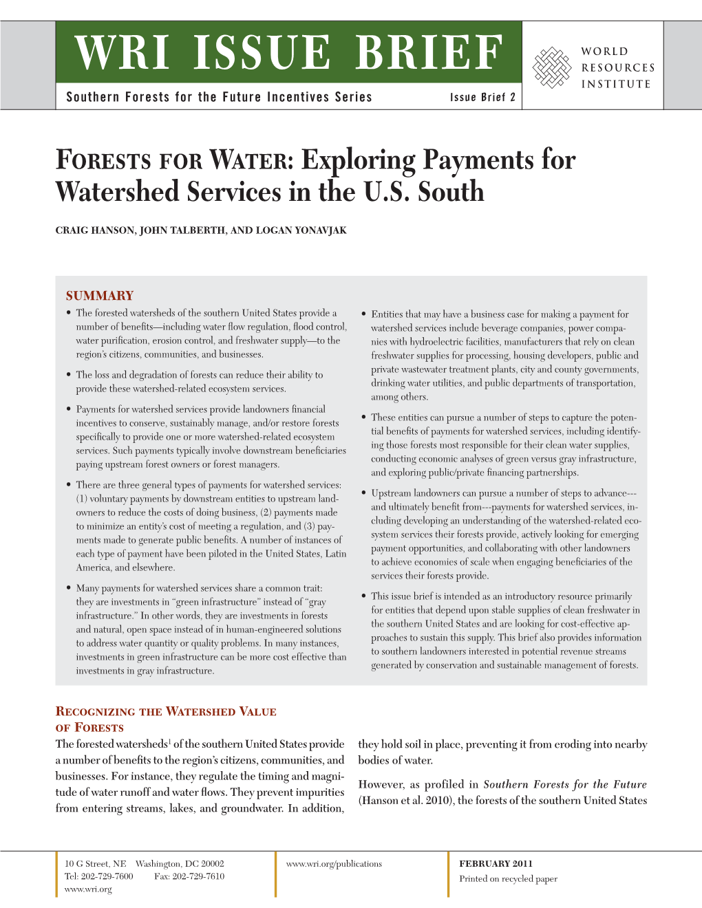 WRI Issue Brief Southern Forests for the Future Incentives Series Issue Brief 2