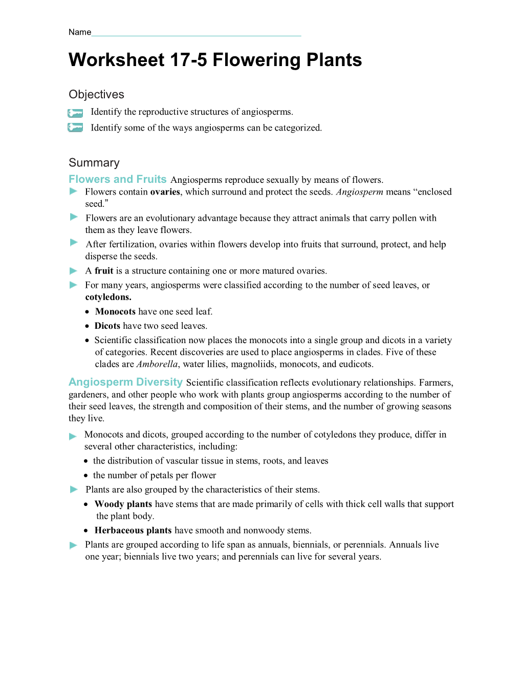 Worksheet 17-5 Flowering Plants