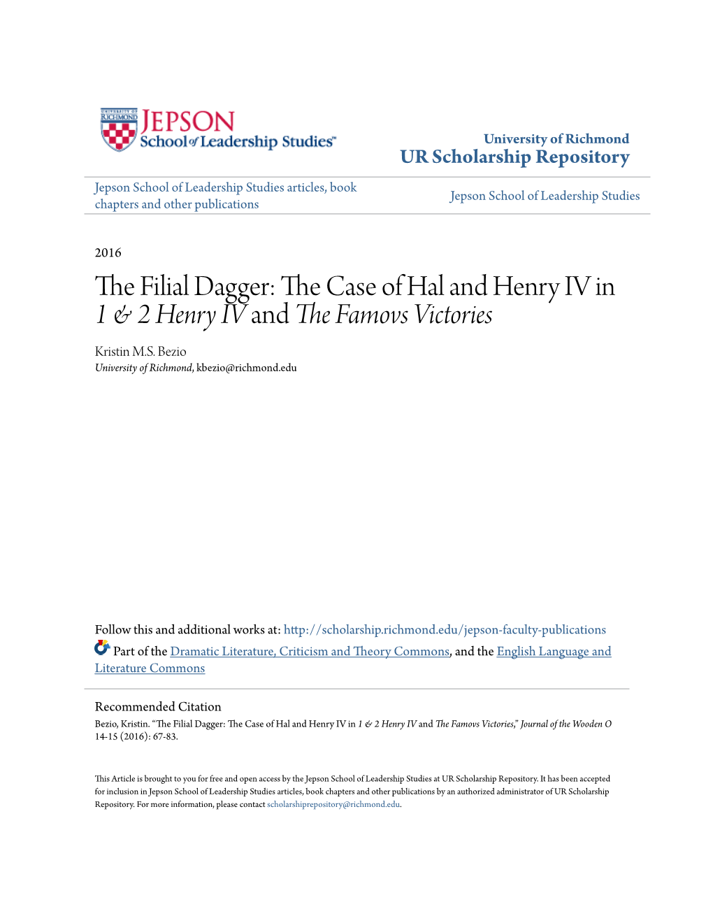 The Case of Hal and Henry IV in 1 & 2 Henry IV and the Famovs Victories